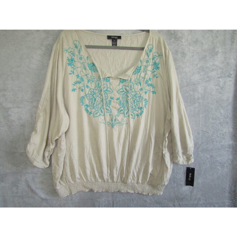 Style & Co. Woman 3X Cream Beige Peasant Blouse 2010s Boho Embroidered Rayon NWT